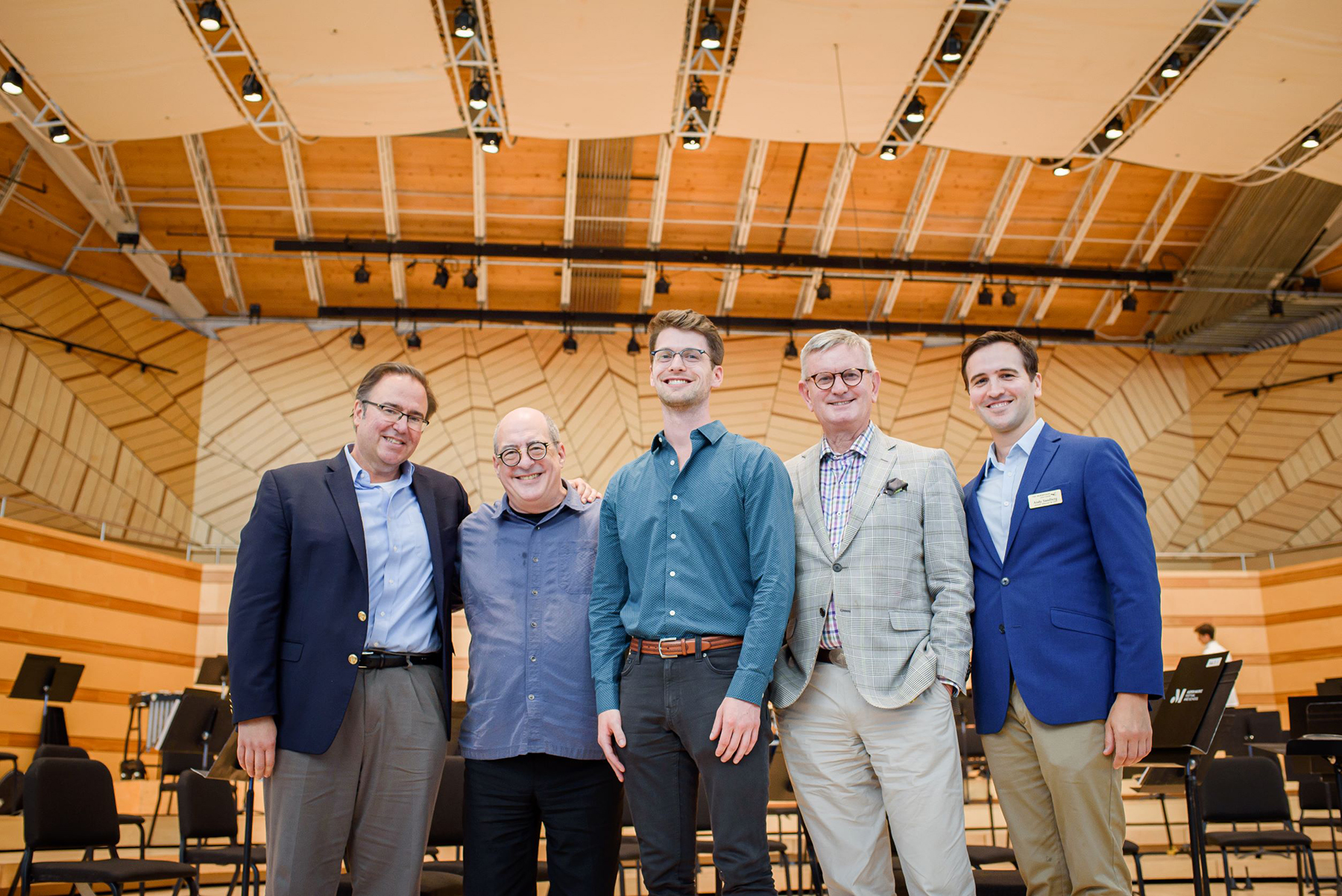 The Aspen Musical Festival’s Benedict Tent (Aspen, Colorado): L to R: Christopher Theofanidis, Hermitage Fellow and Aspen Music Festival and School artist-faculty; Robert Spano, music director of the Aspen Music Festival and School and the Atlanta Symphony and a member of the Hermitage Curatorial Council; David “Clay” Mettens, recipient of the 2021 Hermitage Prize in Composition; Alan Fletcher, Aspen Music Festival and School president and CEO; and Andy Sandberg, artistic director and CEO of the Hermitage Artist Retreat. Photo Credit: Carlin Ma